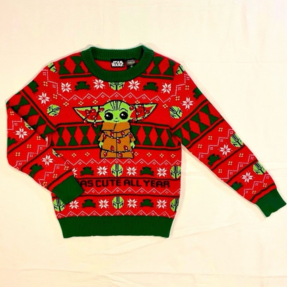 Grogu Ugly Christmas Sweater Boys 4T Star Wars Baby Yoda I Was Cute All Year Red
